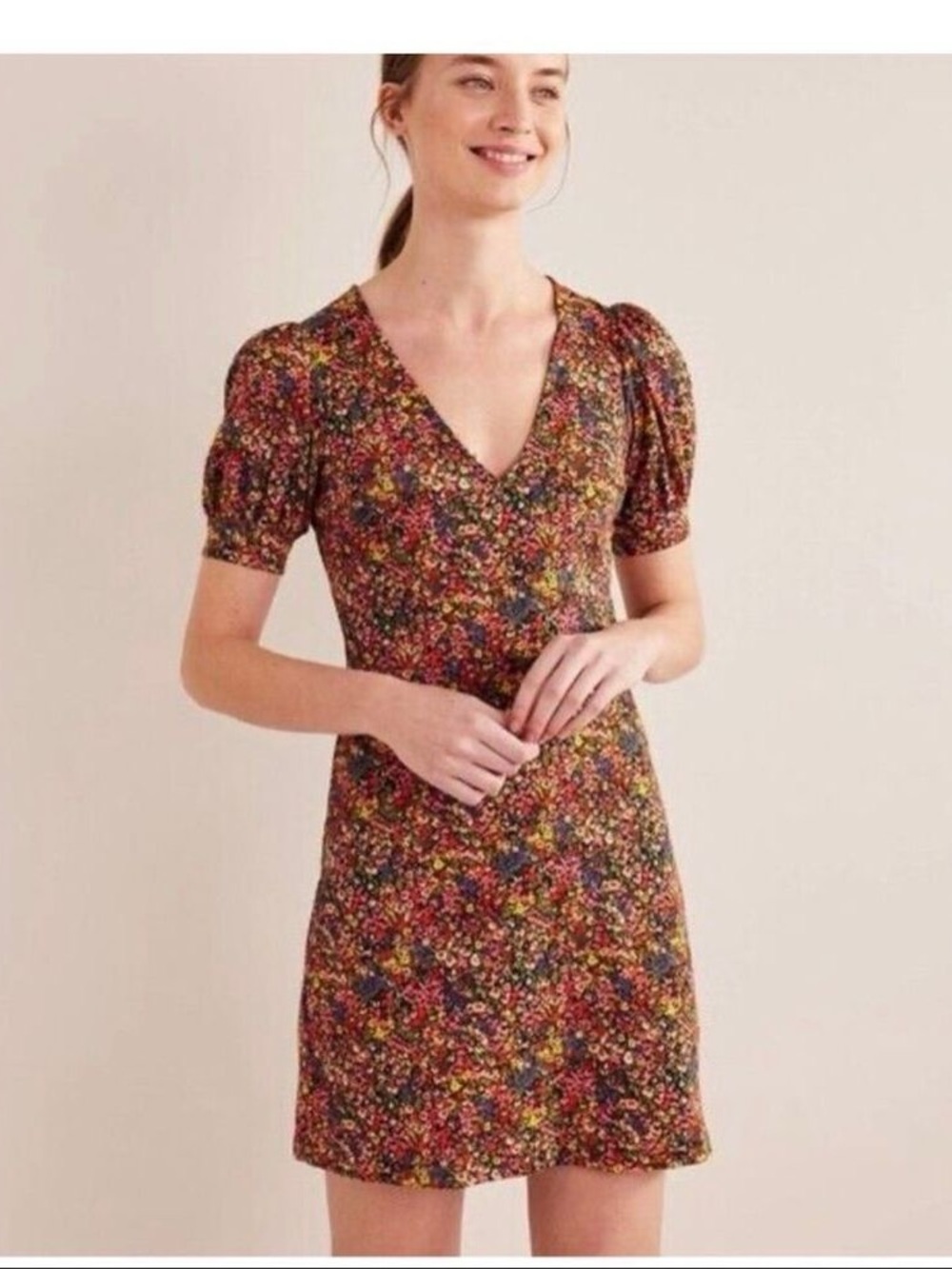 Boden Floral Cotton Puff Sleeve V-Neck Mini Dress in Pink and Yellow 6